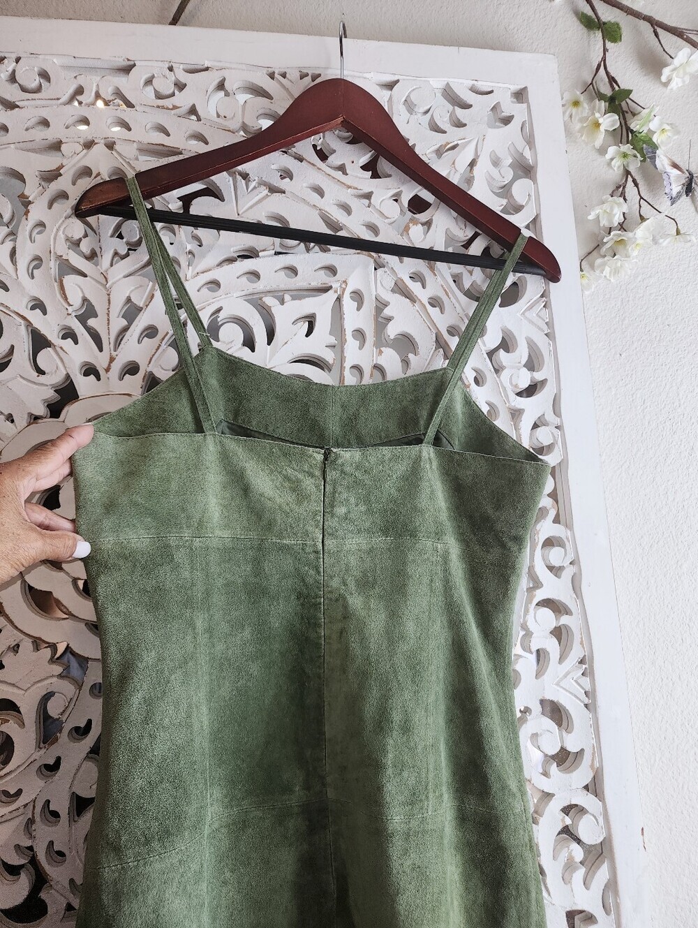 B. ARDEN GENUINE LEATHER SUEDE GREEN TONE MIDI DRESS FITTED SILOHUTTE - Picture 9 of 15